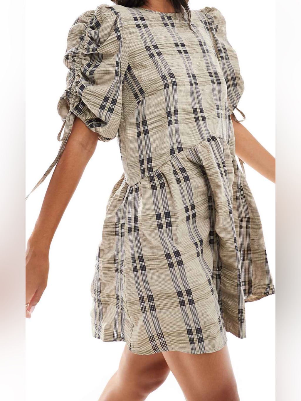 Asos Ruched Sleeve Smocked Dress In Plaid